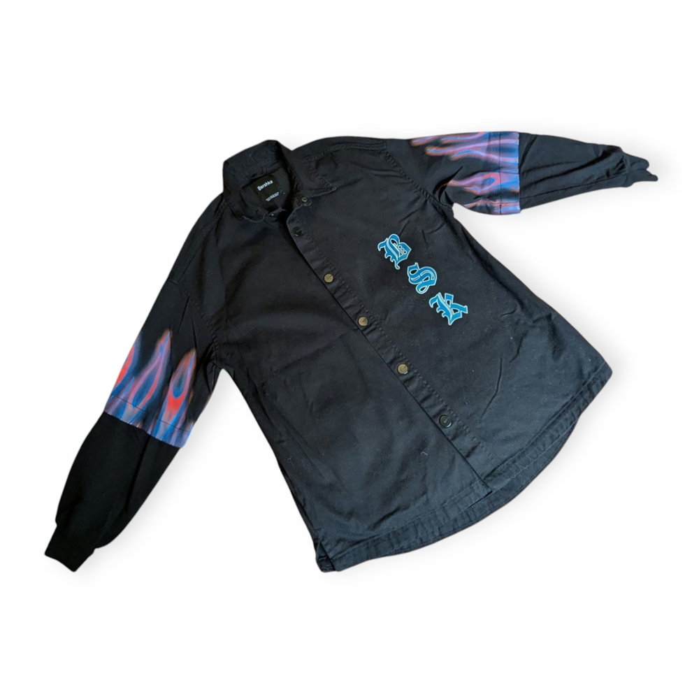 Bershka Black Shirt with Blue Flame Sleeves XS
